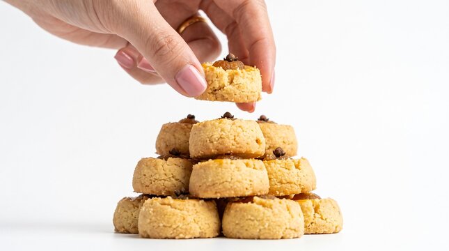 Hand Grabbing Nastar Pineapple Tart Cookie on Solid White Background