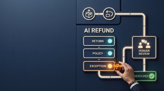 Responsible AI trust workflow demonstrating human review and exception handling for automated customer refund processing in an enterprise business environment