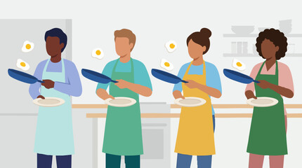 Fototapeta premium Diverse people cooking fried eggs in a kitchen, preparing breakfast