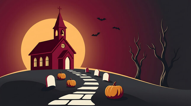 Halloween vector illustration with spooky chapel graveyard pumpkins and bats at night