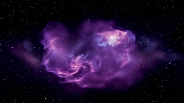 Swirling purple and blue nebula cloud drifting slowly among bright twinkling stars in deep outer space background scene
