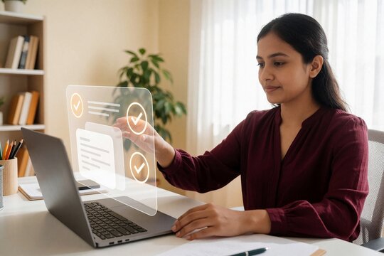 Woman using holographic checklist interface on laptop