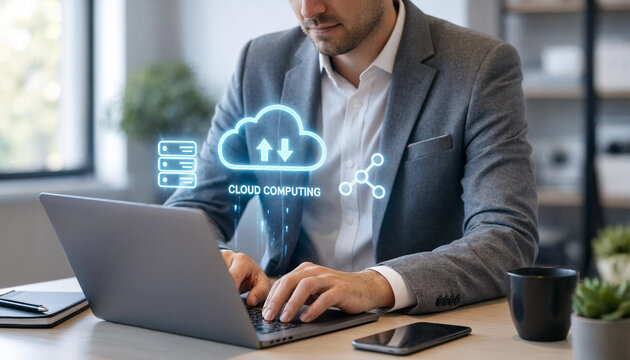 Businessman using laptop with cloud computing concept hologram in modern office setting
