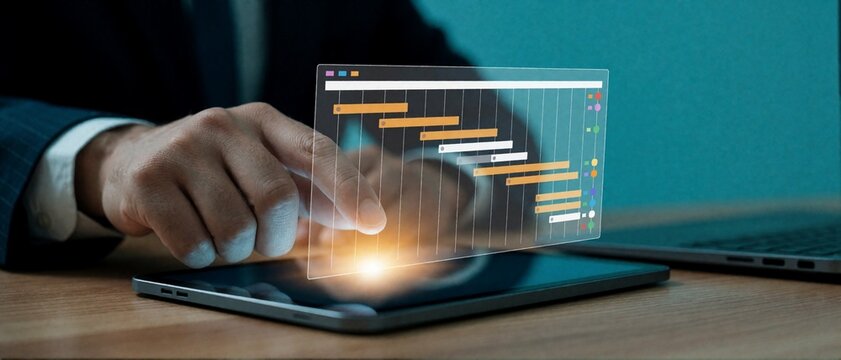 Businessman interacting with holographic Gantt chart on tablet