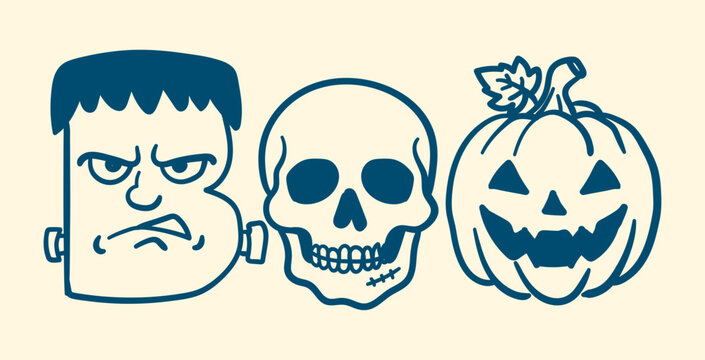 Halloween boo lettering with frankenstein monster, skull, and jackolantern pumpkin illustration