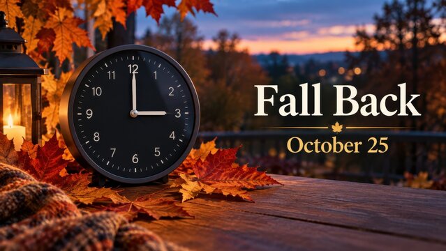 Classic clock surrounded by autumn leaves and a lantern with &ldquo;Fall Back October 25&rdquo; text, creating a seasonal daylight saving time banner about turning clocks back one hour