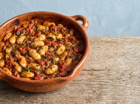 Braised butter beans in tomato sauce served in earthenware bowl