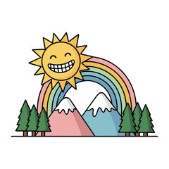 Obraz premium A creative vector illustration of a cheerful smiling sun over snowy mountain peaks and pine forests with a vibrant rainbow background