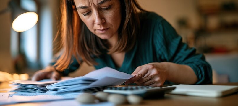 Woman organizing financial documents at minimalist home workspace