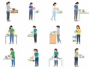 Fototapeta premium Vector Illustration Set of Women Organizing Food Storage Containers for Meal Prep and Kitchen Management