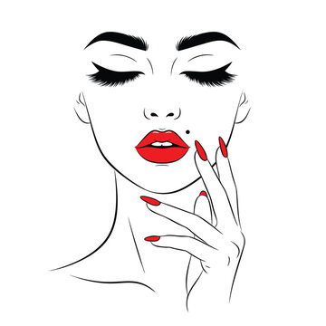 This minimalist vector illustration features a close-up portrait of a woman with red lips and long nails, a stylish vector illustration.