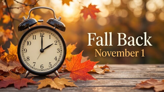 Classic alarm clock surrounded by autumn leaves with &ldquo;Fall Back November 1&rdquo; text, representing the daylight saving time change, turning clocks back and the transition to standard time
