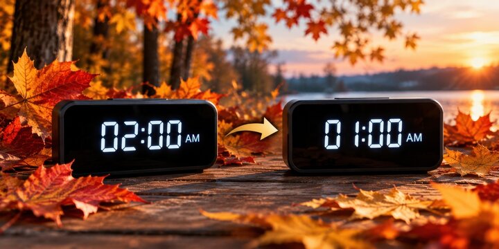 Digital alarm clocks showing the Fall Back time change from 2:00 AM to 1:00 AM, surrounded by autumn leaves, representing daylight saving time, seasonal transition and turning clocks back one hour