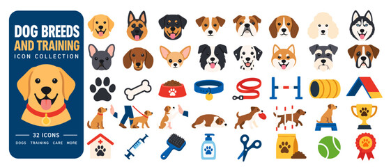 Fototapeta premium Dog breeds and training icon collection, 32 flat color icons: labrador, german shepherd, rottweiler, jack russell, bulldog, beagle, poodle, husky, french bulldog, dachshund, chihuahua, border
