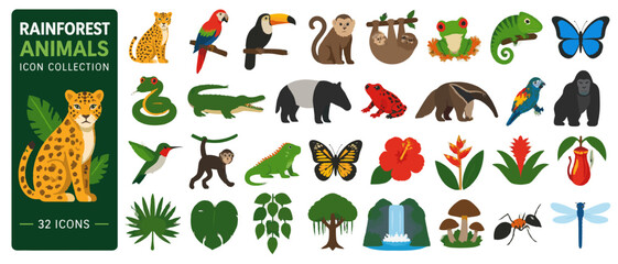 Fototapeta premium Rainforest animals icon collection, 32 flat color icons: jaguar, macaw, toucan, monkey, sloth, tree frog, chameleon, blue morpho, snake, crocodile, tapir, poison dart frog, anteater, parrot