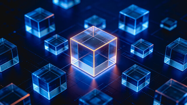 A central glowing orange cube stands out among transparent blue cubes on a dark digital grid, representing tech and data concepts.