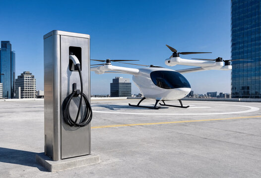 Daylight vertiport eVTOL charging station bright midday urban rooftop