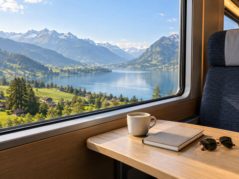 Scenic train journey with coffee and alpine lake view from passenger window