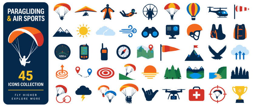 Paragliding and air sports icon collection, 45 flat color icons: paraglider, hang glider, wingsuit, skydiver, paramotor, parachute, hot air balloon, helicopter, windsock, mountains, sun, clouds