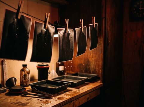 Photographic prints hanging to dry in darkroom workspace
