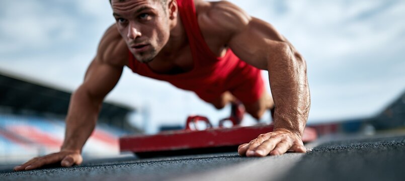 Athlete pushing weighted sled on outdoor training track low angle
