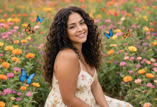 Curly-haired woman smiling in vibrant flower field with butterflies for lifestyle branding