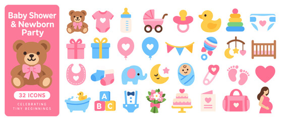 Fototapeta premium Baby shower and newborn party icon collection, 32 flat color icons: teddy bear, onesie, bottle, stroller, pacifier, rubber duck, stacking rings, diaper, gift box, gift, heart balloon, balloon