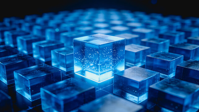 3D rendering of glowing transparent cubes arranged in a grid, representing digital data and futuristic technology concepts.