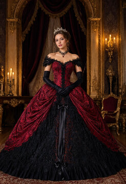Elegant woman wearing red velvet and black lace ball gown standing in grand hall with ornate chandeliers