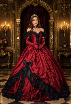Woman in elaborate red Victorian ball gown posing elegantly in ornate interior with gilded mirrors