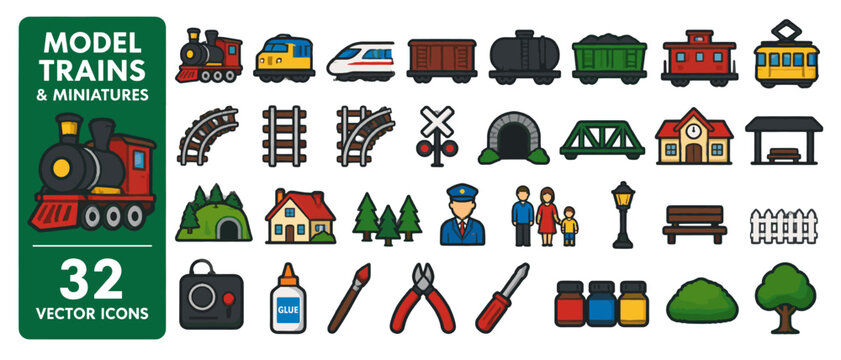 Model trains and miniatures icon collection, 32 flat color icons: steam locomotive, diesel locomotive, high speed train, boxcar, tank car, freight wagon, caboose, tram, curved track, straight