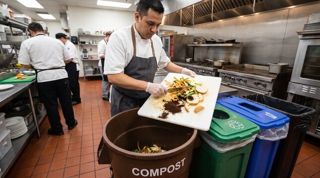 Restaurant worker separates food scraps for compost