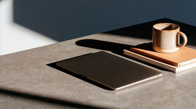 Modern Laptop with Coffee Mug and Books on Stone Desk