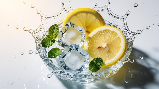 Lemon slices and ice cubes splashing in water with mint leaves
