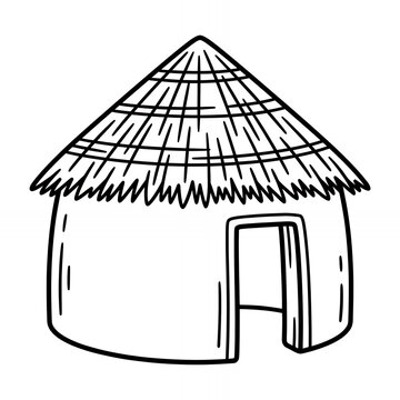 African round hut with thatched roof line illustration.