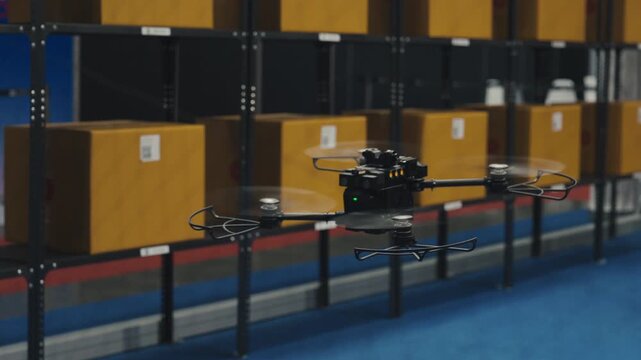 Robotic picking up packages from racks in futuristic automated distribution warehouse