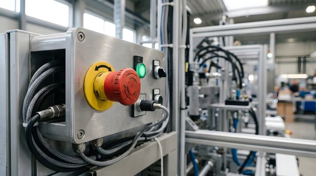 Red emergency stop button on an industrial manufacturing control panel