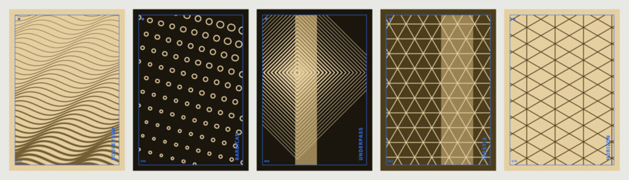 Abstract geometric beige and navy line poster set with five designs. Featuring wave, dot, diamond patterns for wall art and print.