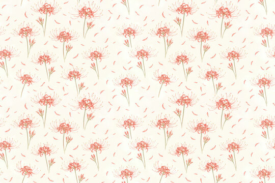 Hand drawn red spider lily seamless pattern with delicate watercolor flowers, autumn mood, soft low contrast colors, elegant botanical design on a light background.