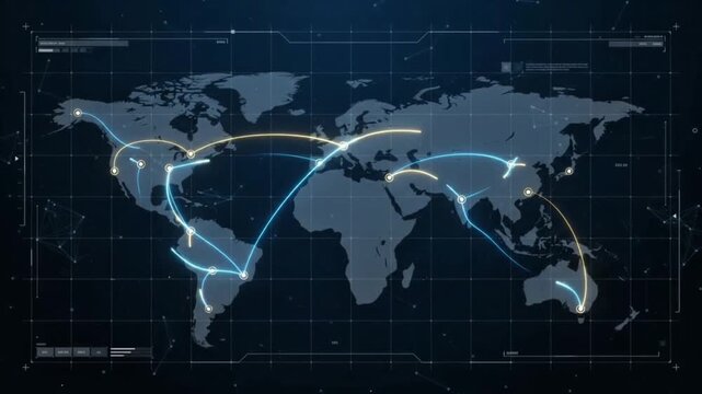 Global Network Connection and Digital World Map HUD Interface