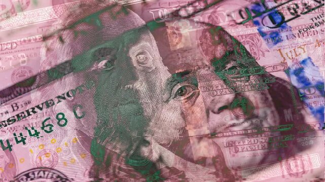 100 Dollar Banknote. Glitch Loop art banner. Money, Inflation and Crisis Concept