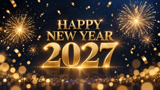 Happy New Year 2027 golden text on festive bokeh background with confetti