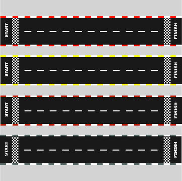 Horizontal racing tracks featuring start and finish lines in a modern flat vector graphic design style