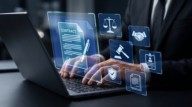Businessman Using Digital Contract Interface on Laptop for Electronic Signature Legal Technology Corporate Compliance and Online Agreement Services