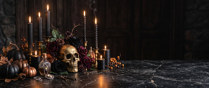 Dark gothic Halloween still life with burning black candles, miniature pumpkins, black roses and an antique golden skull arranged on a cracked black marble table, Halloween decor, gothic aesthetic, sp