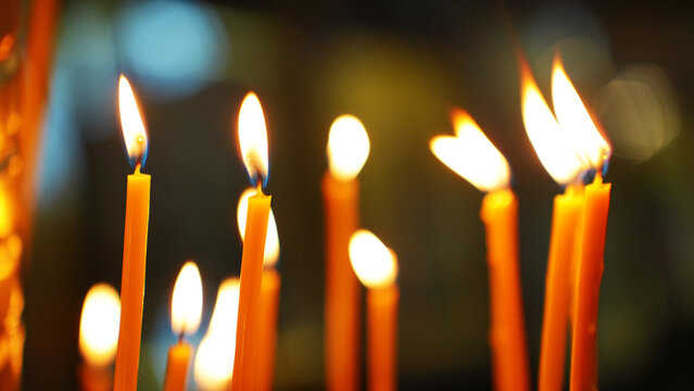 Orthodox church candles closeup with blurred background