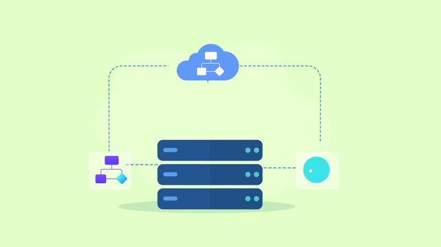 Flat vector animation showing cloud server network management with connected database servers, network nodes, and a checkmark icon on a light green background.