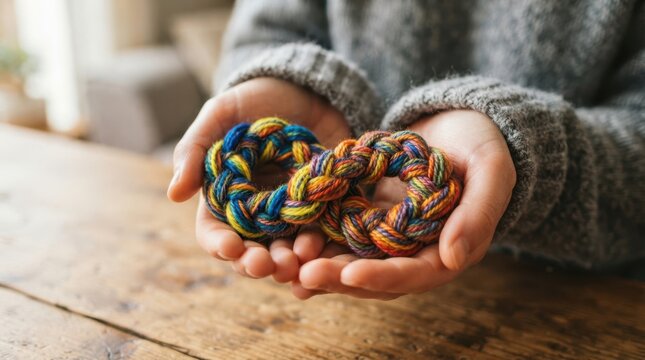 Person holding two colorful yarn braided circles in hands representing global connection and support for world aids day World AIDS Day
