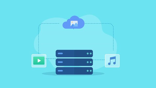 Flat vector animation showing cloud media streaming with database servers, video player and music icons connected through a digital network on a cyan background.