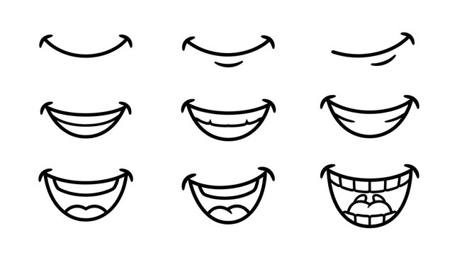 Set of cartoon mouth expressions with various smiles and teeth showing on a white background for character design with collection nine black
